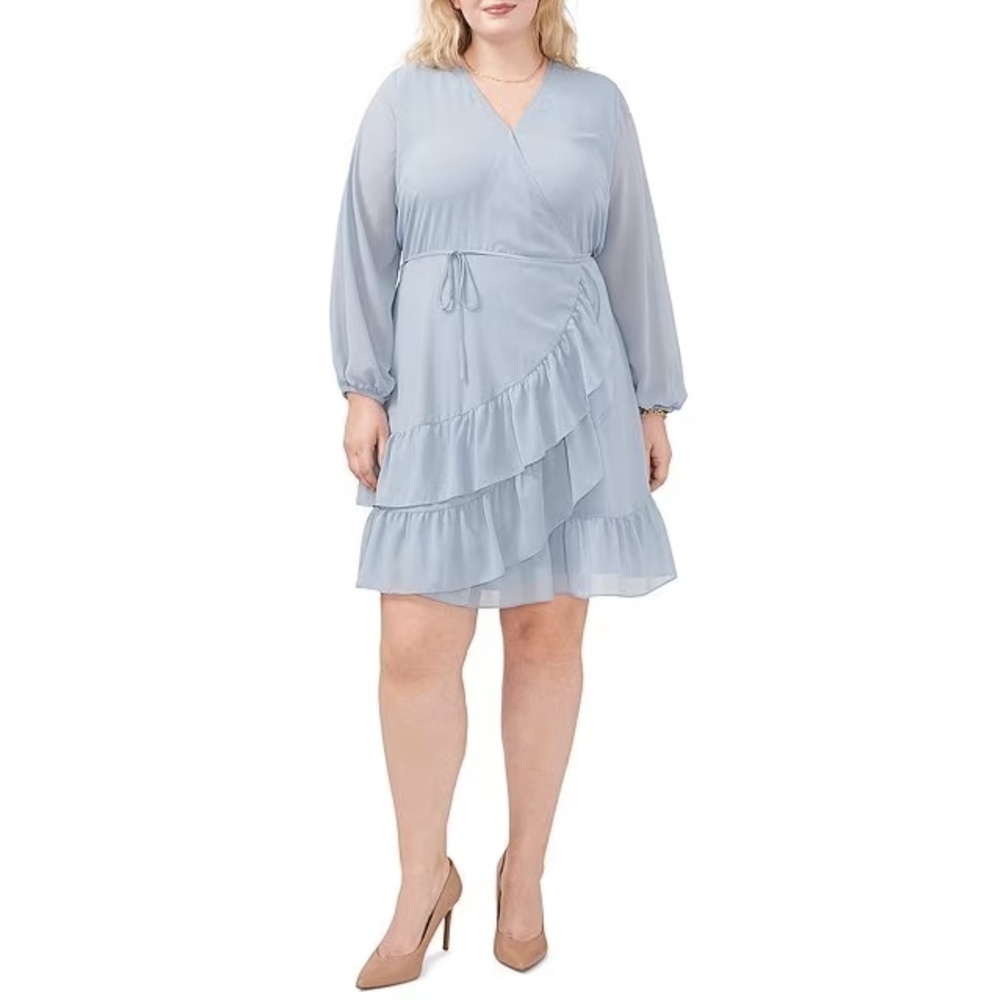 NWT 1. STATE Wrap Front Tie V-Neck Long Sleeve Tiered Ruffle Hem Dress